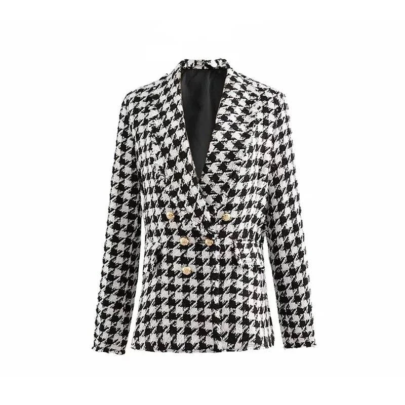 women's varsity bomber jacket -Black And White Houndstooth Blazer Coat With Gold Buttons