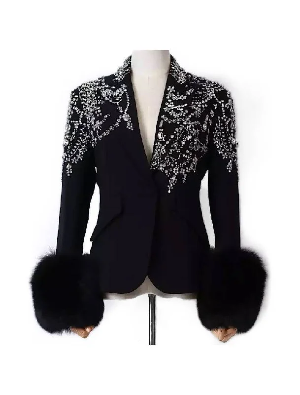 women's outdoor fleece jacket -Fox Sleeve Crystal Decorated Black Blazer