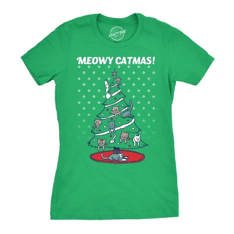 women's sporty zip-up pullover -Meowy Christmas Cat Tree Ugly Christmas Sweater Women's T Shirt