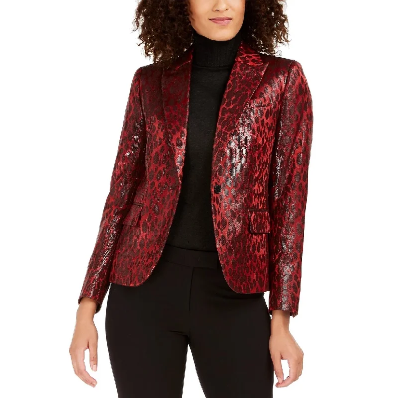 women's biker-style leather jacket -Anne Klein Women's Shiny Print Blazer Red Size 6