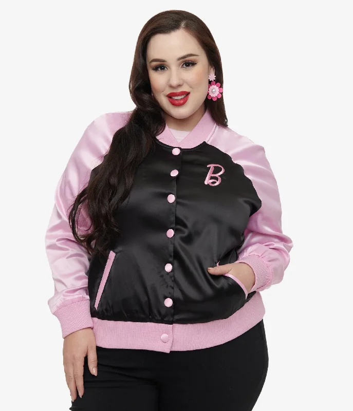 stylish longline coat for women -Barbie x Unique Vintage Plus Size Pink & Black OG Barbie Long Sleeve Bomber Jacket