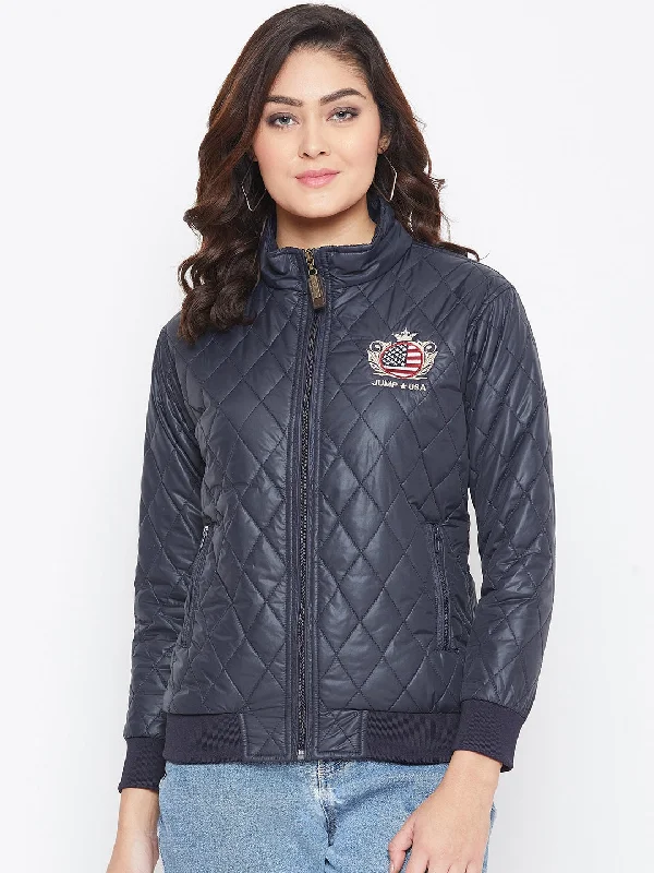 women's travel-friendly jacket -JUMP USA Women Navy Blue Self Design Jacket