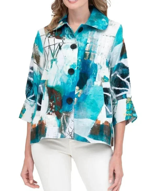 ladies' sporty windbreaker -Oil Painting Jacket In Turquoise White