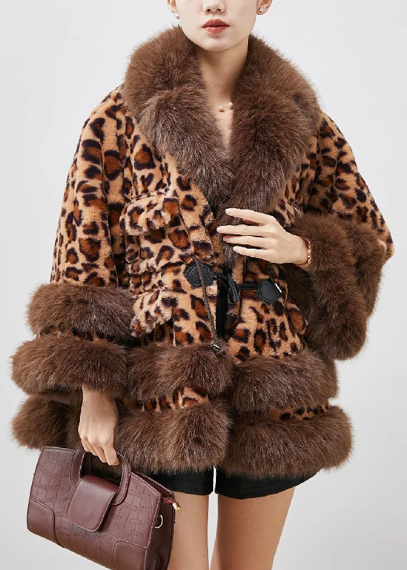 versatile trench coat for ladies -Leopard Print Faux Fur Coat Oversized Drawstring Winter