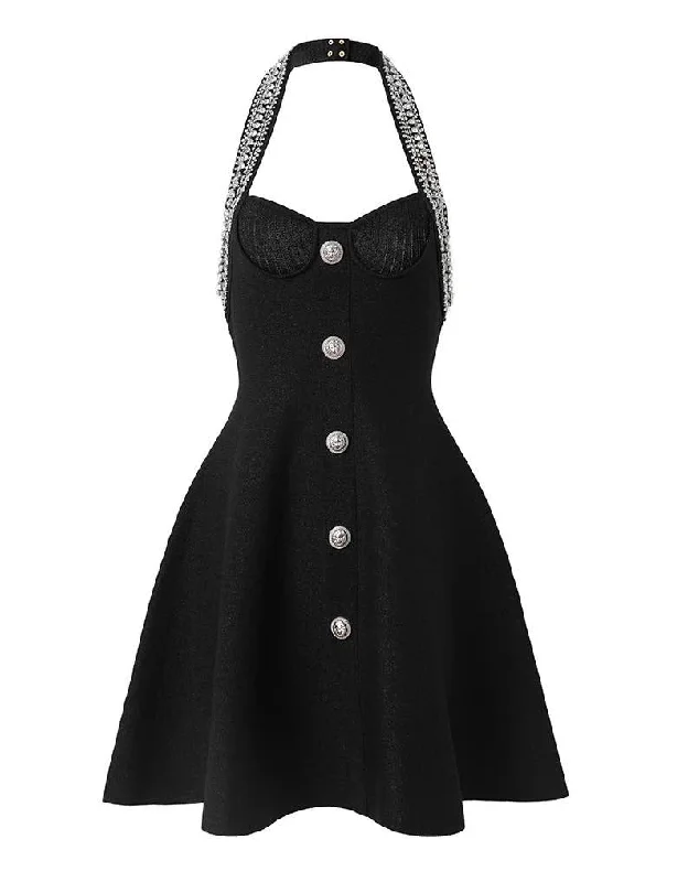 ladies' quilted coat -Crystal Halter Neck Flared Knitted Black Dress