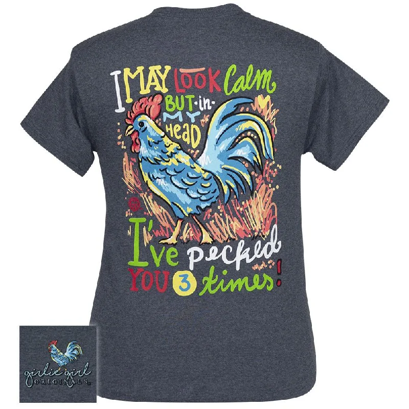 cute graphic tee for ladies -Chicken Pecked Heather Navy SS-2355