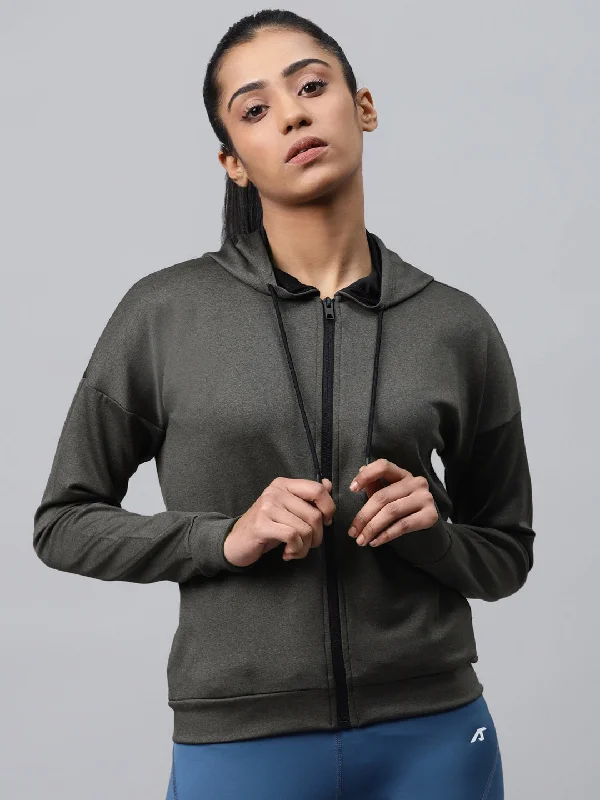 casual linen jacket for women -Alcis Women Charcoal Grey Hooded Solid Training Jacket