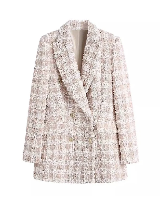 luxury faux fur coat for women -Tweed Knitted Long Blazer In Beige