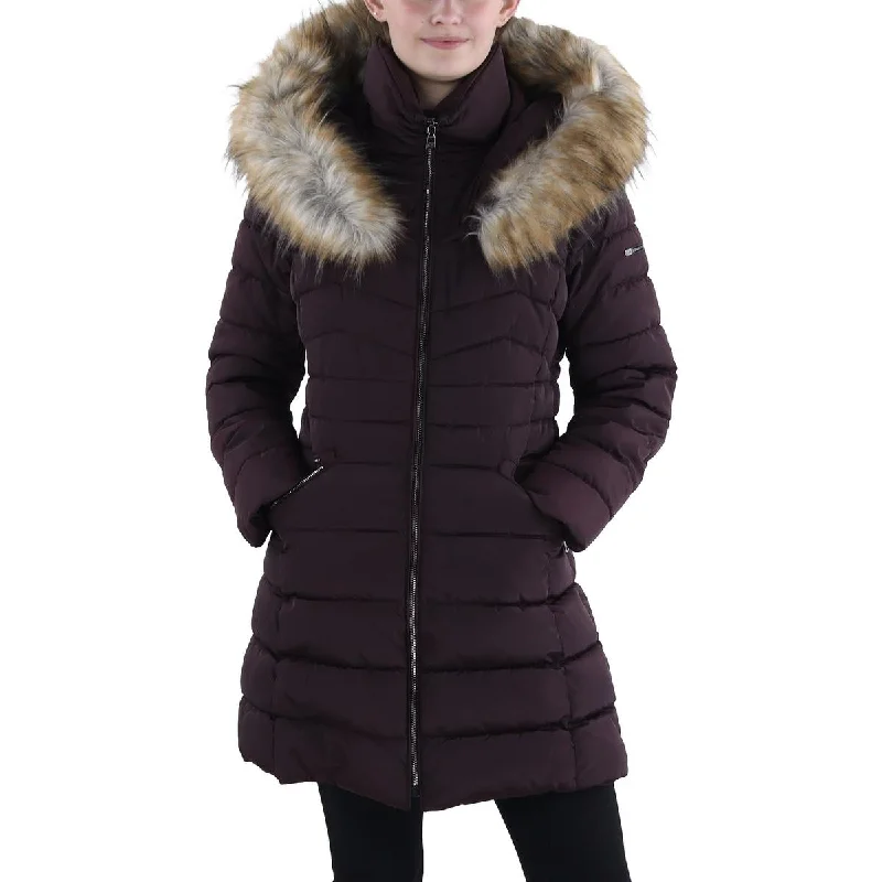 sustainable eco-friendly coat for women -Womens Faux Fur Trim Hooded Puffer Jacket