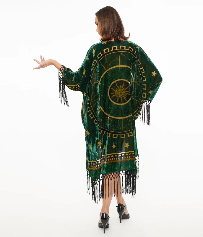 women's mid-length wool coat -Unique Vintage 1930s Emerald & Gold Zodiac Burnout Velvet Fringe Kimono