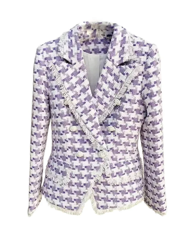 fashionable belted wool coat for women -Purple Tweed Blazer With Tassel Edges