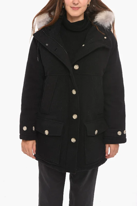 fitted wool blend coat for women -Woolrich real fur trimming TUNDRA padded parka