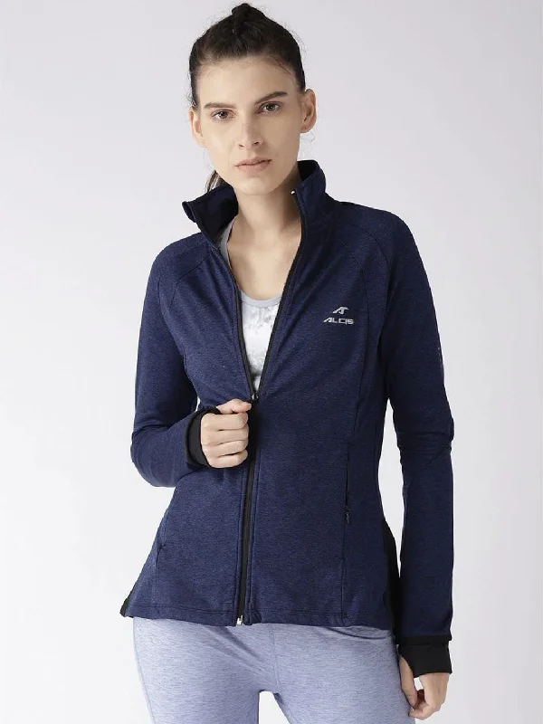 stylish knitted jacket for women -Alcis Women Navy Blue Solid Sporty Jacket