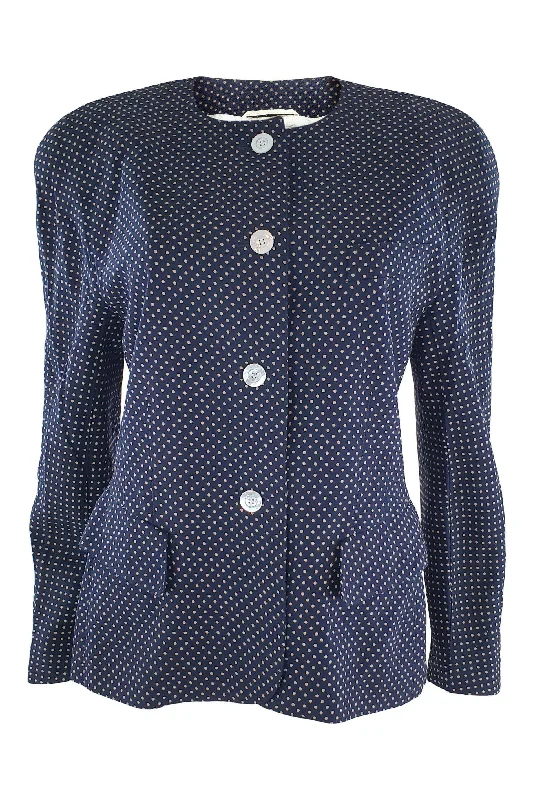 women's asymmetrical zip jacket -ESCADA Navy Blue Wool Blend Polka Dot Blazer (38)