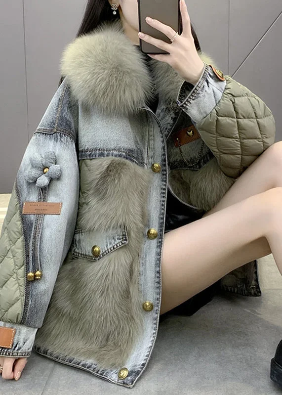 casual zip-up hoodie jacket for women -Green Denim Patchwork Button Faux Fur Coats Winter