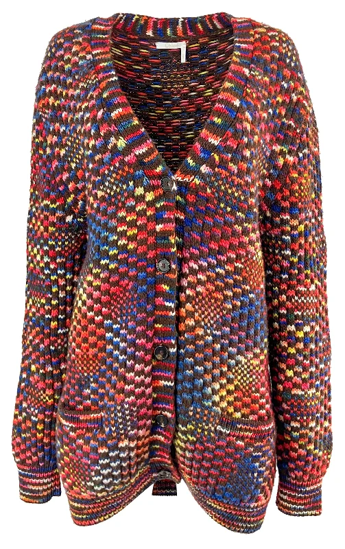 classic women's wool coat -Chloe Checker Jacquard Knit Cardigan in Multi