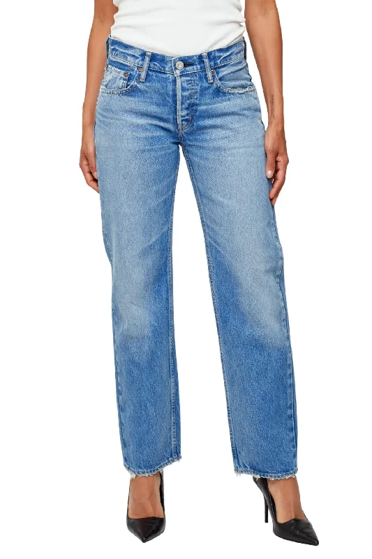 trendy patchwork jeans for ladies -Mv Cheval Straight Low Jeans In Ltblu