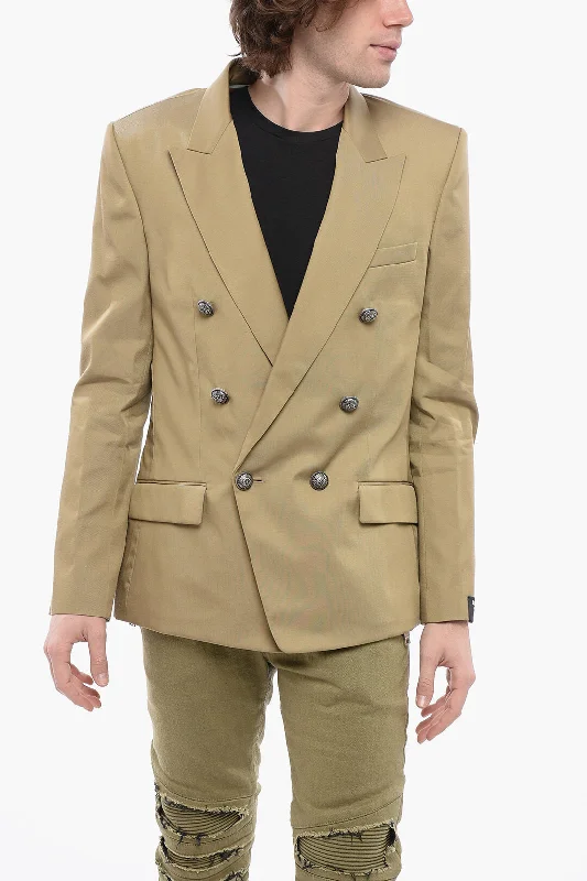 stylish longline coat for women -Balmain Double-Breasted Cotton Blend Unlined Blazer With Logoed Butt