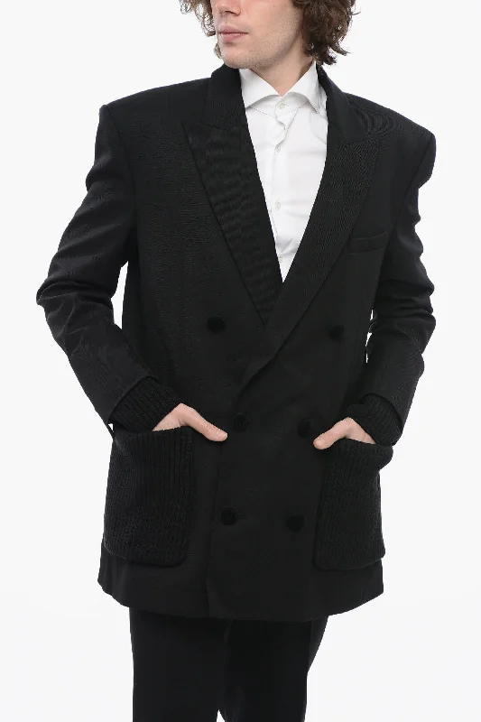 casual oversized shacket for women -Balmain Double-Breasted Twill Wool Blazer With Knitted Pockets And C