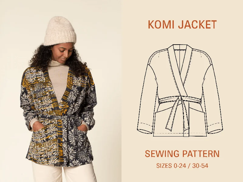 ladies' longline puffer coat -Komi Wrap Jacket Sewing Pattern