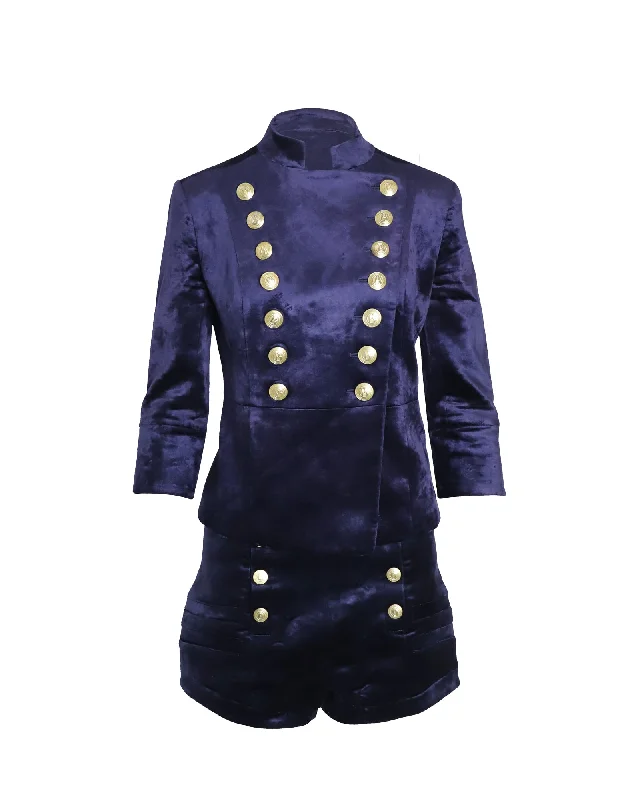 sporty track jacket for women -Pierre Balmain Military Blazer and Shorts Set in Blue Velvet