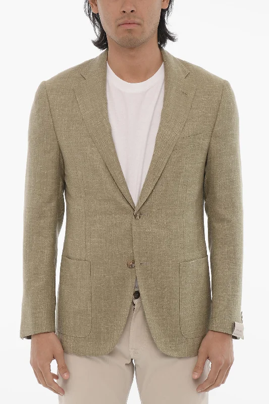 ladies' faux suede jacket -Corneliani Half-Lined Gate Wool Blend Blazer With Herringbone Motif