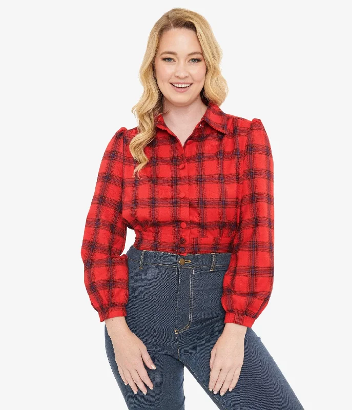 casual zip-up hoodie jacket for women -Red Plaid Rosie Bomber Jacket