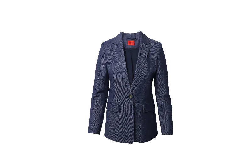 cropped wool blazer for women -Hugo Denim Single-Breasted Jacket Blazer in Navy Blue Cotton Denim