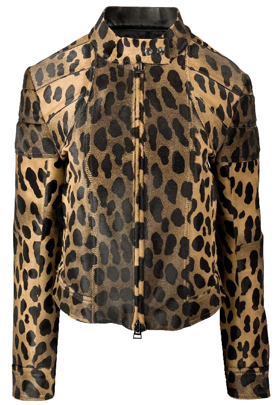 women's belted trench coat -Tom Ford Cheetah Print Cowhide Moto Jacket in Black/Beige