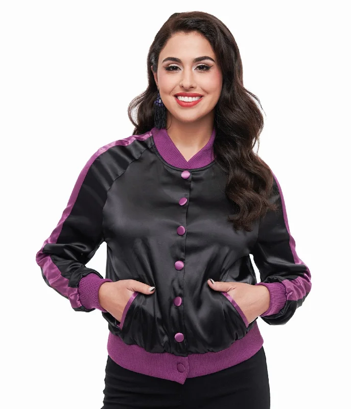 luxury designer winter coat for women -Disney Hocus Pocus Collection by Unique Vintage Purple & Black Hocus Pocus Spell Bomber Jacket