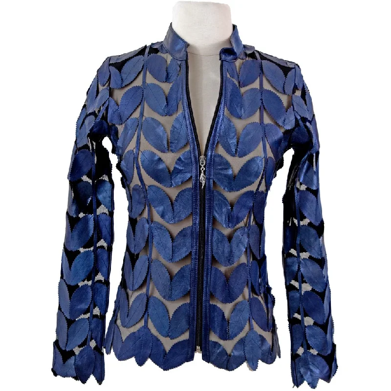 women's hooded winter jacket -Belgin Francis Classic Leaf Design Leather Jacket - BLUE