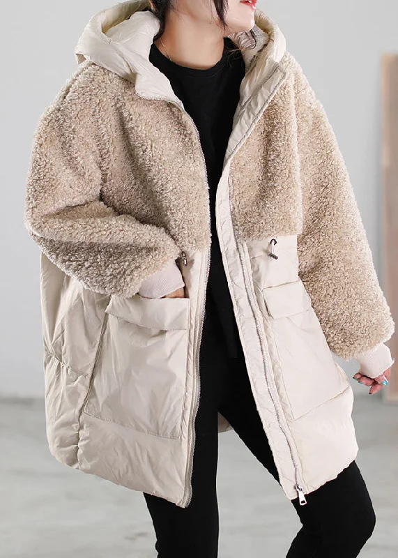 warm padded coat for women -Women Beige Zip Up Patchwork Faux Fur Down Coat Winter