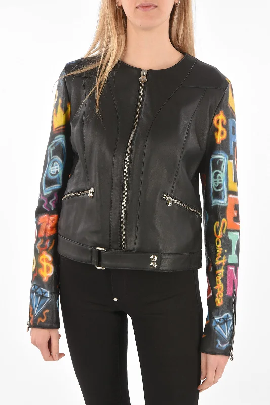 urban style cropped puffer jacket -Philipp Plein COUTURE Leather Jacket GRAFFITI with Printed Sleeves