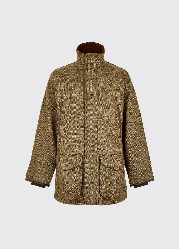 ladies' longline puffer coat -Ballinturbet Tweed Shooting Jacket - Cedar