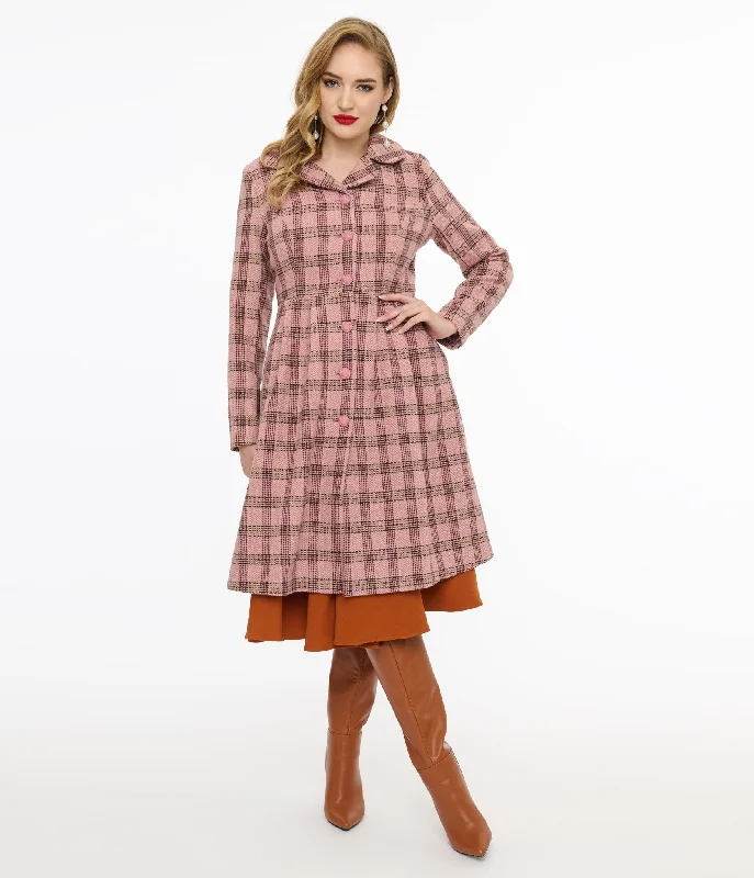 women's faux fur-lined parka -Voodoo Vixen 1960s Pink Plaid Coat