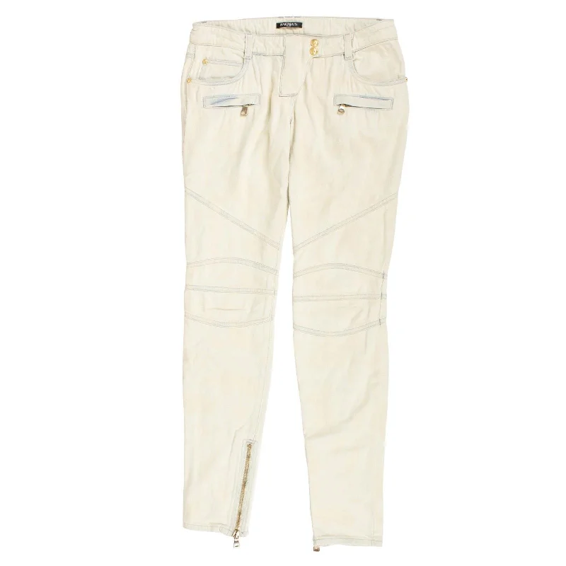 ladies' bootcut denim pants -BALMAIN PARIS Light Blue Bleached Moto Jeans Pants