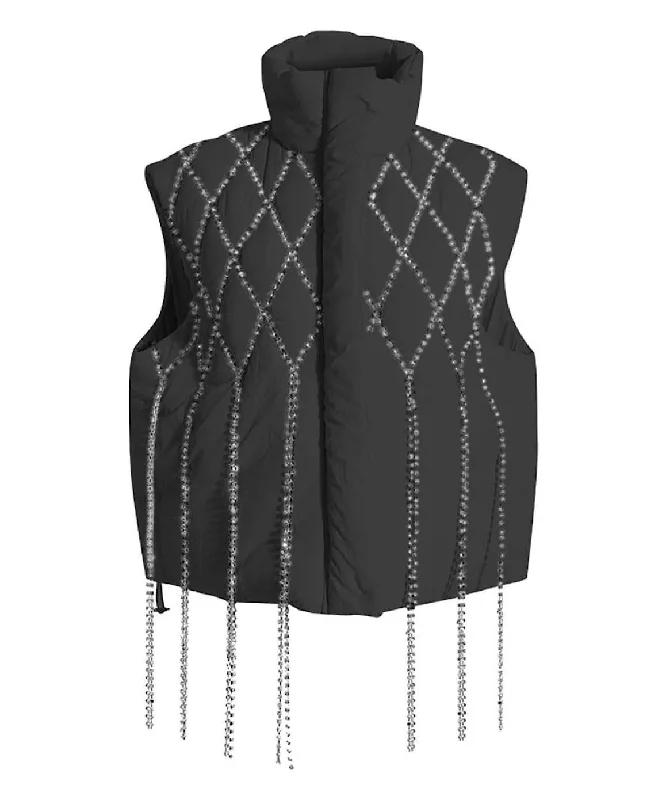 waterproof hiking jacket for women -Crystallized Loose Sleeveless Waistcoat In Black