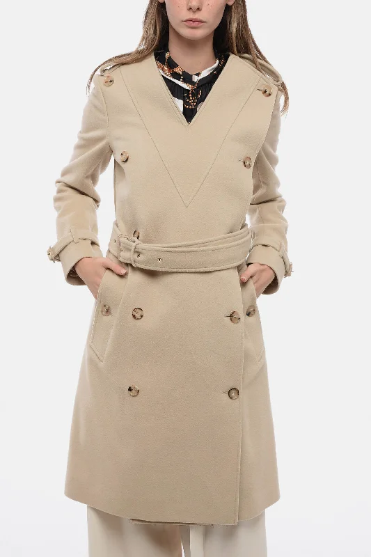 ladies' longline puffer coat -Burberry Wool Double-Brested Coat with V Neckline