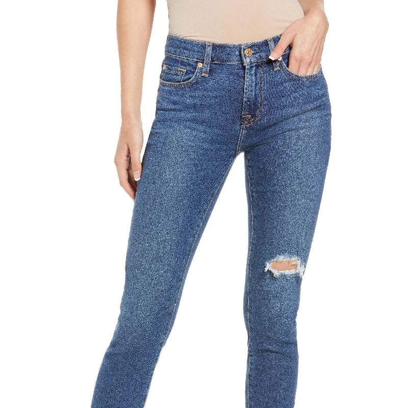 women's blue denim bell-bottoms -Jen7 Women's Ripped Wave Hem Crop Skinny Jeans Blue Size 32