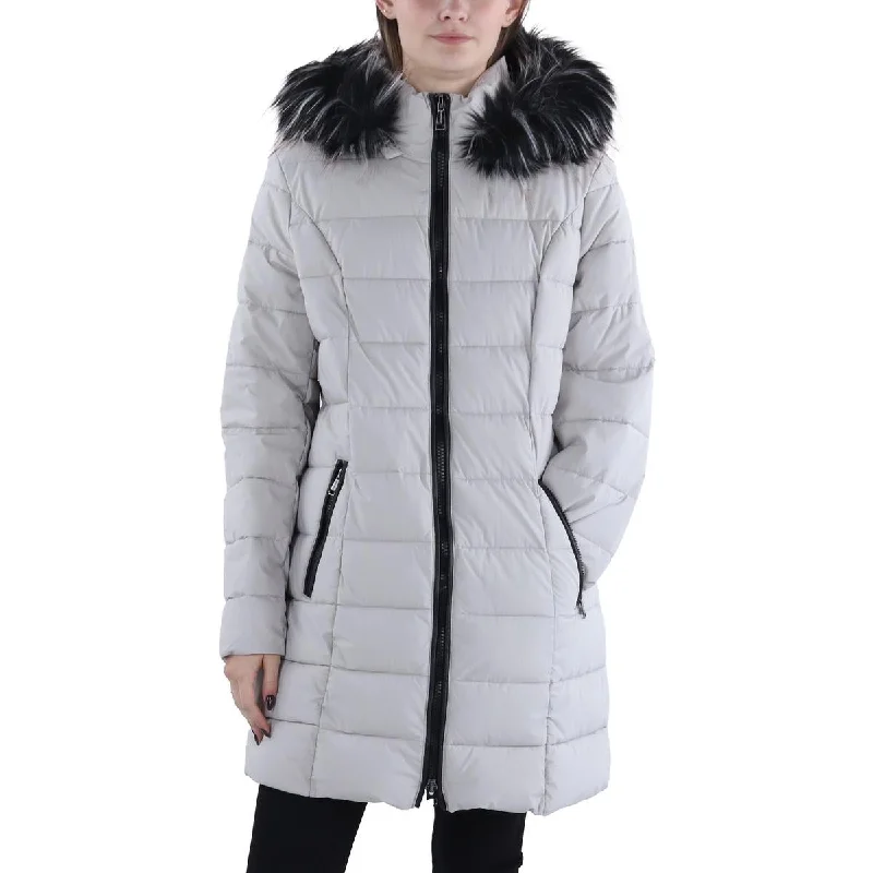 women's belted trench coat -Womens Faux Fur Trim Hooded Puffer Jacket