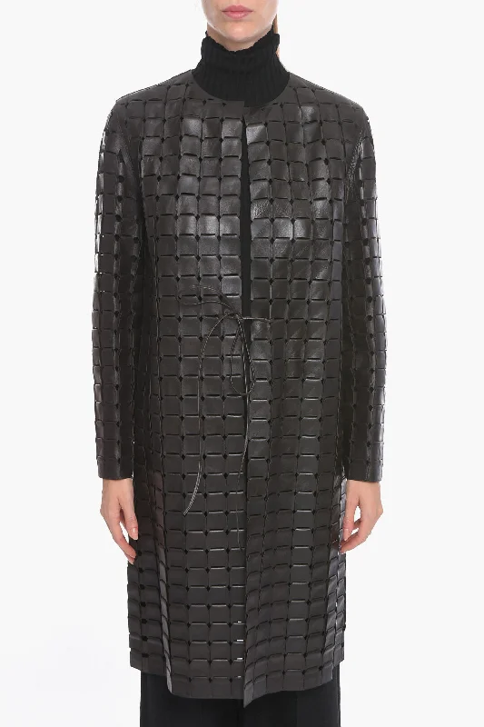 stylish houndstooth coat for women -Bottega Veneta Knitted Leather SATINE Coat with Drawstring