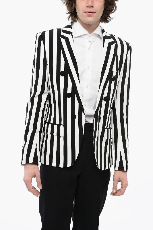 ladies' fleece zip-up jacket -Balmain Double-Breasted Awning Striped Blazer With Peak Lapel