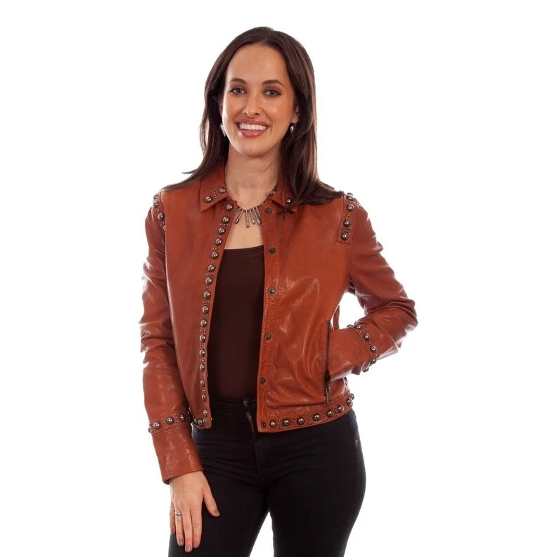 ladies' puffer jacket -Scully Western Jacket Womens Leather Snap Front Studded Brown F0_L1090