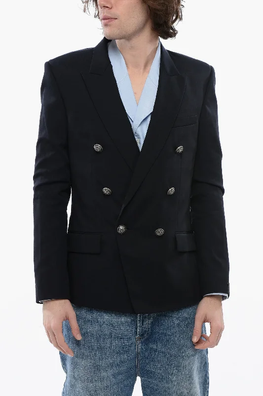 ladies' quilted coat -Balmain Double-Breasted Cotton Blend Blazer With Peak Lapel