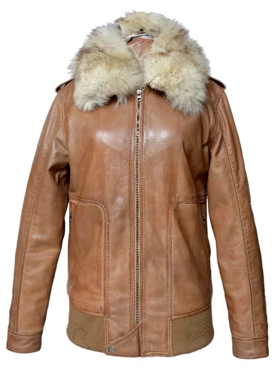 lightweight quilted jacket for women -SAVRY WOMEN LEATHER JACKET WITH FUR COLLAR