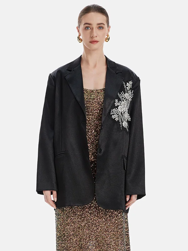 classic women's wool coat -Handmade Floral Rhinestone-Embellished Blazer