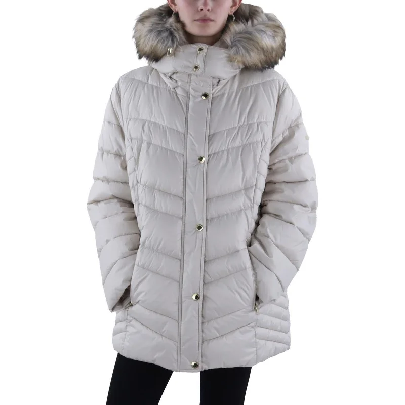 professional work blazer for women -Womens Faux Fur Trim Hooded Puffer Jacket