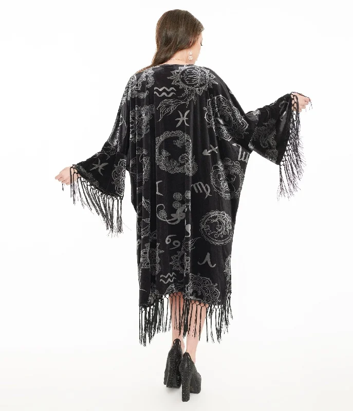 ladies' waterfall drape coat -Unique Vintage 1920s Silver & Black Velvet Zodiac Fringe Kimono