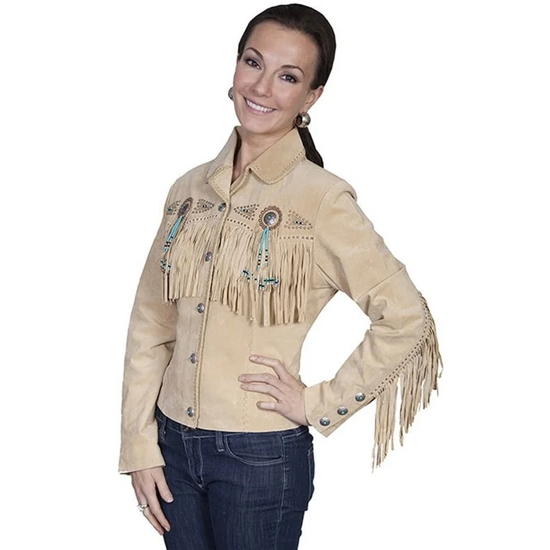 ladies' sporty windbreaker -Scully Western Jacket Womens Leather Beaded Fringe Fitted F0_L152