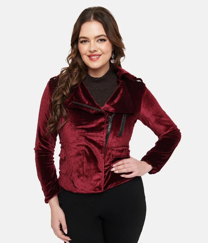 versatile trench coat for ladies -Pretty Attitude Clothing Burgundy Velvet You Could Be Mine Moto Jacket